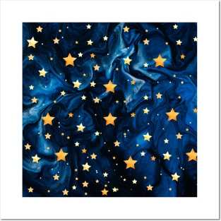 Magical Golden Christmas Blue Starry Night Pattern Posters and Art